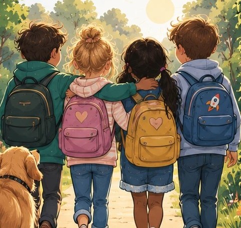 Four children with backpacks walk arm in arm down a sunny path, a dog at their side