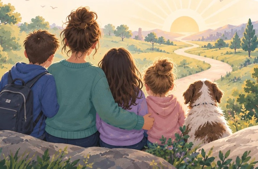 A parent and three children with their dog sit on a rock, looking down a winding path toward a sunrise